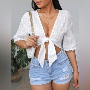 Drop Shoulder Tie Front Crop Top NWOT